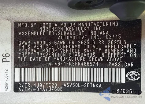 2015 Toyota Camry Le from USA, damaged, VIN 4T4BF1FK3FR486571